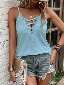 SHEIN LUNE 女士细肩带露背蝴蝶结蕾丝边休闲宽松吊带背心 - 藍色 - 查看 1