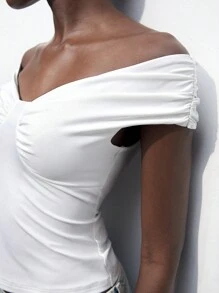 Maija Women's Summer Solid Color Off-Shoulder Short Sleeve Slim Fit T-Shirt With Pleats - White - View 4