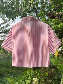 Elamini 女士休闲宽松条纹卷袖短款衬衫，亚麻混纺，适合新年服装 - 紅色 - 查看 2