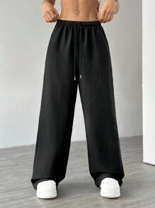 SHEIN Unity Women's Solid Color Simple Daily Textured Fabric Pants , Baggy Pants Fall Cloth For Women - Black - View 4