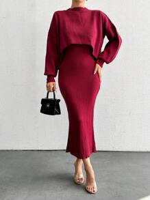 EURMUSE À Col Montant Épaule tombante Pull & En Tricot Robe - Rouge foncé - Voir 5