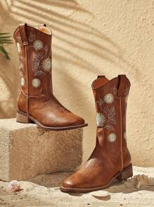 Styleloop Women's Botanical Embroidery Block Heel Mid-Calf Western Boots Fall - Brown - View 2