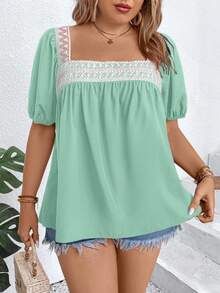 Breezaya 大码假日休闲撞色蕾丝拼接泡泡袖衬衫