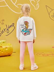 TOM & JERRY X SHEIN Young Girl Cartoon Print Drop Shoulder Loose Sweatshirt And Pink Leggings 2pcs Set - White - View 3