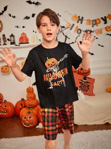 SHEIN Tween Boy Halloween Pumpkin Cartoon Print Short Sleeve Shorts Loose Casual Pajama Set, Daddy And Me Matching Outfits (3 Sets Sold Separately) - Black - View 2