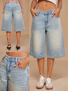 Forever 21 Quần Jeans Ngắn Ống Rộng/Ống Thẳng Cạp Thấp Cổ Điển Cho Nữ Mùa Hè, Thu & Đông Màu Xanh Nhạt Đã Giặt - trắng - Xem 4