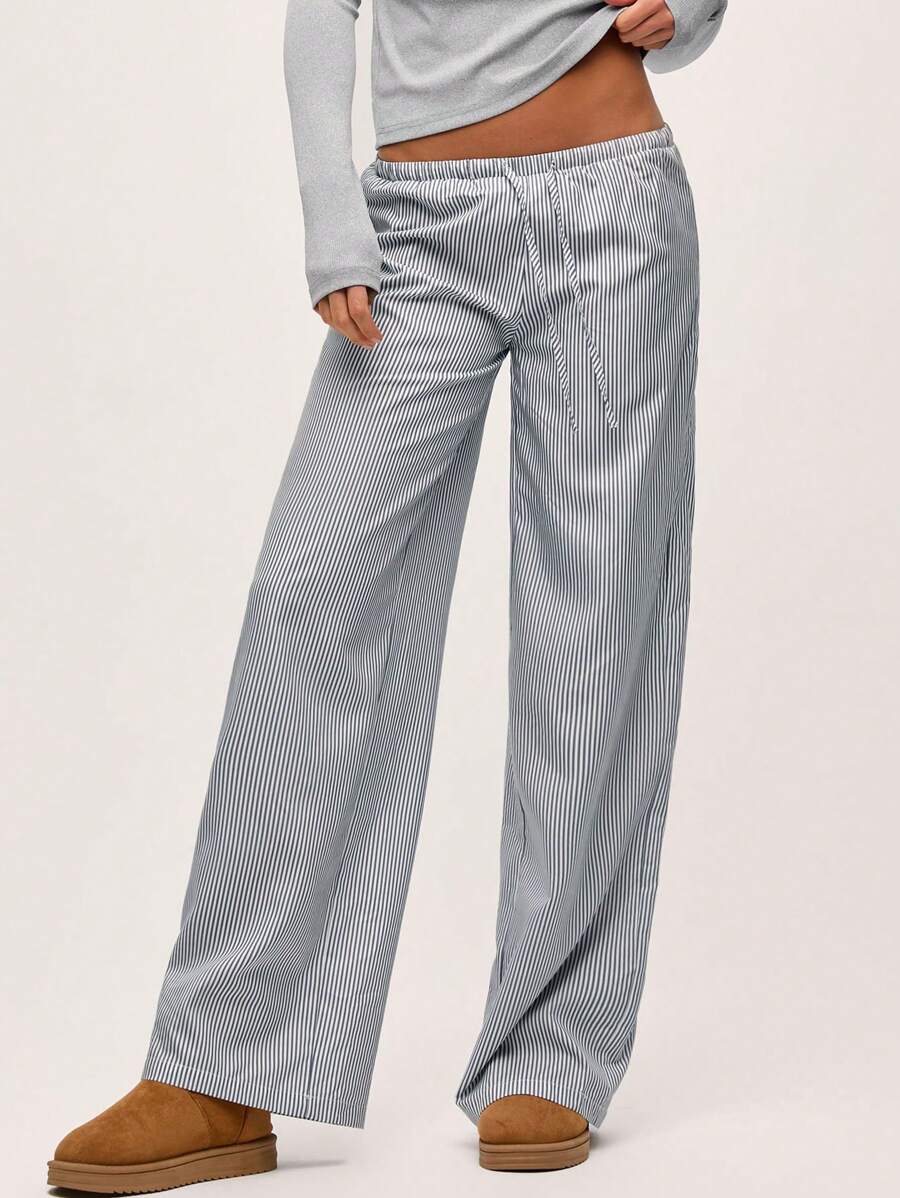 SHEIN BASICS Quần nữ dệt sọc ngang eo thấp thông thường - Nhiều màu - Xem 1