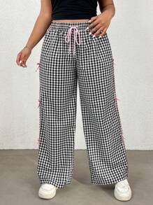 SHEIN EZwear Plus Size Casual Black & White Plaid Contrast Bow Tie Wide Leg Pants - Black and White - View 4