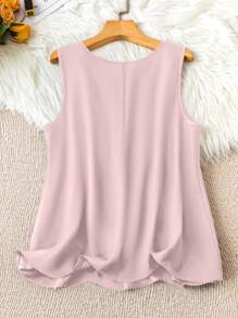 SHEIN LUNE Plus Size Women Plain Simplistic Daily Wear Round Neck Sleeveless Tank Top, For Summer - Pink - View 2