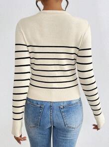 SHEIN Frenchy Women's Round Neck Long Sleeve Striped Fitted Sweater, Fall/Winter Women Sweaters Fall Fall Women Outfits Fall Sweaters, Long Sleeve Tops,Knitted Sweater Casual - Apricot - View 2