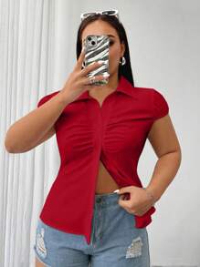 Flirla Áo sơ mi nữ cổ bẻ xếp ly phía trước cỡ lớn có tay áo Dolman cho quần áo năm mới - Đỏ - Xem 7