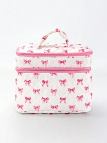 Marina Oliveira Artist Pink Bow Pattern Fashionable Cute Double Layers Cosmetic Bag For Storage, Square-Shaped Makeup Bags - Multicolor - View 3