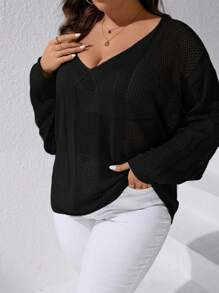 SHEIN LUNE Plus Size Casual Solid Color Hollow Out Knit Black Sweater, Spring Autumn - Black - View 5