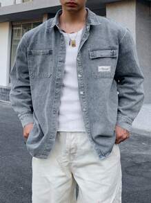 DAZY 男士休闲纽扣口袋长袖时尚街头风格牛仔衬衫秋冬 - 灰色 - 查看 1