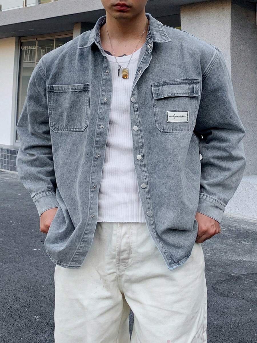 DAZY 男士休闲纽扣口袋长袖时尚街头风格牛仔衬衫秋冬 - 灰色 - 查看 1