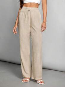 SHEIN Tall Women's Linen Slub Trousers - Khaki - View 1
