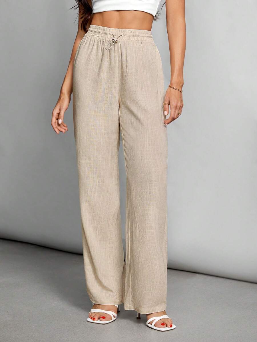 SHEIN Tall Women's Linen Slub Trousers - Khaki - View 1