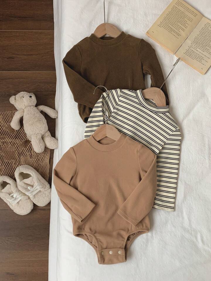 SHEIN 3pcs Set Newborn Baby Boy Girl Cute Knit Elastic Striped Turtleneck Footless Bodysuits Set For Fall Winter SHEIN