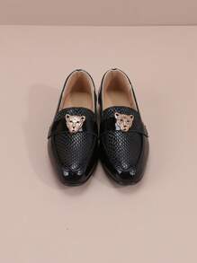 儿童黑色豹纹扣时尚尖头平底皮鞋 - 黑色 - 查看 4