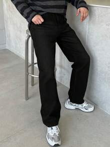 DAZY Men's Solid Color Pocket Simple Casual Denim Jeans, Autumn - Black - View 4