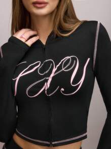 SHEIN SXY Autumn Winter Contrast Color Pullover Hoodie, Casual Sports Fall Women Clothes Sweat Long Sleeve Shirt Jacket, Long Sleeve Tops - Black - View 5