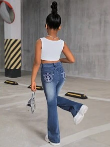 SHEIN Tween Girls Y2K Floral Embroidery Bootcut Flare Leg Jeans,Girls Summer Clothes Back To School Streetwear Outfits