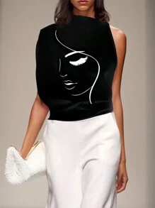 EMERY ROSE 针织立领不对称袖印花白色女式T恤 印花T恤 女式上衣 - 黑色 - 查看 1