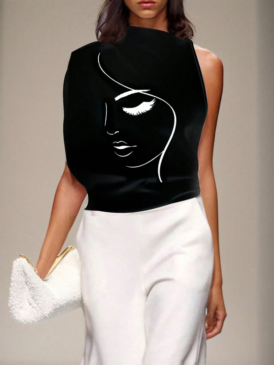 EMERY ROSE 针织立领不对称袖印花白色女式T恤 印花T恤 女式上衣 - 黑色 - 查看 1