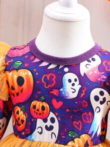 Váy công chúa bằng vải tuyn Halloween màu cam và tím cho bé gái, thích hợp để đi chơi dự tiệc và hóa trang - Màu tím - Xem 3