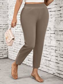 SHEIN LUNE Plus Size Women's Casual Commuter Pants - Mocha Brown - View 4