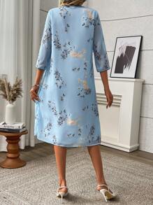 SHEIN Unity V领花卉印花休闲中国风雪纺连衣裙 - 淺藍色 - 查看 2