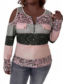 SHEIN LUNE Ropa de invierno para talla grande - Camiseta deportiva y casual de ajuste ceñido con cierre de cremallera, botones y estampado metalizado de lentejuelas con textura acanalada