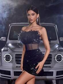 丝绒亮片网纱羽毛拼接露背美人鱼拉链修身派对礼服，优雅鸡尾酒会半正式舞会礼服，适合生日、婚礼宾客、毕业典礼、晚宴、返校节等场合，春季黑色 - 黑色 - 查看 6