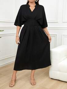 Mulvari Plus Size Women's Summer Solid Color Notched V-Neck Bat Short Sleeve Long Elegant Dress