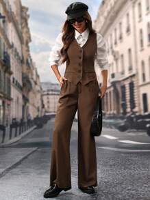 SHEIN X Angie Costa Chiquease Women's Solid Color V-Neck Single-Breasted Vest And Pants Casual Suit, Spring Summer - Brown - View 5