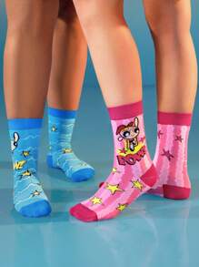 THE POWERPUFF GIRLS X SHEIN Women's 3 Pairs/Set Cute Blossom, Bubbles, Buttercup Pattern Comfortable Mid-Calf Socks,Y 2 K - Multicolor - View 3