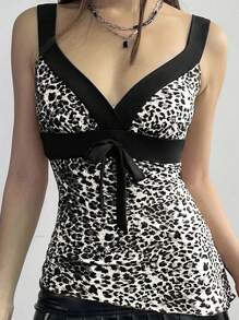 SHEIN ICON 女士夏季豹纹蝴蝶结装饰吊带背心 - 黑色 - 查看 4