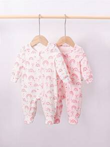 SHEIN 嬰兒女童彩虹印花針織柔軟舒適拉鏈前開長袖連襪爬服，2入套裝 - 粉色 - 查看 5