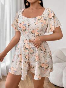 Flirla Bộ 2 chiếc Plus Size Áo ngắn tay và quần short in hoa Ditsy - Nhiều màu - Xem 6