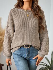 SHEIN LUNE Áo len dệt kim dáng rộng, tay phồng, vai rớt, màu trơn, thích hợp cho mùa thu. - Màu Khaki - Xem 5