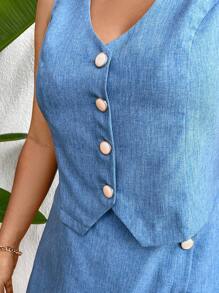 SHEIN Clasi Plus Size V-Neck Sleeveless Button Shirt And Stylish Fashion Pants Suit - Dusty Blue - View 6