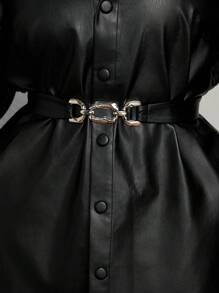 Chaqueta de moda de piel sintética con manga larga y abotonadura sencilla, unicolor, para mujer de talla grande, primavera otoño - Negro - Ver 5