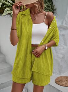 Breezaya 2pcs Women's Minimalist Daily Wear Short Sleeve Shirt And Shorts Set