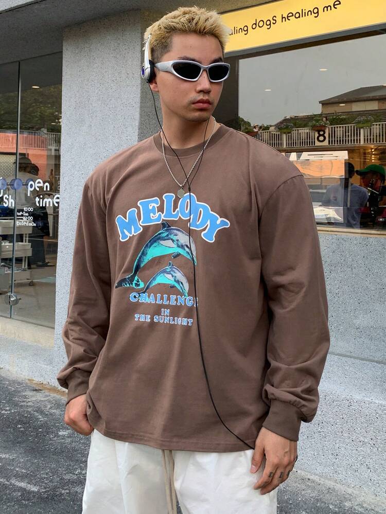 Men's Letter Print Round Neck Long Sleeve T-Shirt, Summer,Graphic Tees