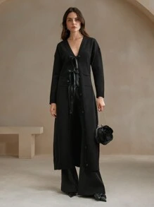 Anewsta Women's Urban Elegant Ribbon Bow Cardigan Sweater - Black - View 3