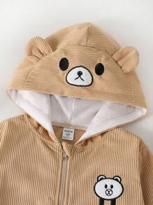 SHEIN Toddler Girls Adorable Corduroy Teddy Bear Embroidered Hooded Zip-Up Jacket - Khaki - View 4