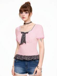 ROMWE Kawaii Áo thun nữ họa tiết da báo & nơ dễ thương cổ yếm, eo vừa vặn - Hồng - Xem 4