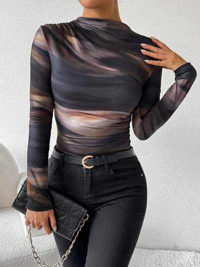 Selianne Asymmetrical Ruched Long Sleeve Gradient Print T-Shirt, Autumn/Spring Graphic Tees Women Tops For Spring Outfit