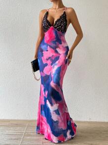 Zolique Tie-Dye & Lace Contrast Backless Spaghetti Strap Sleeveless Dress - Blue - View 7