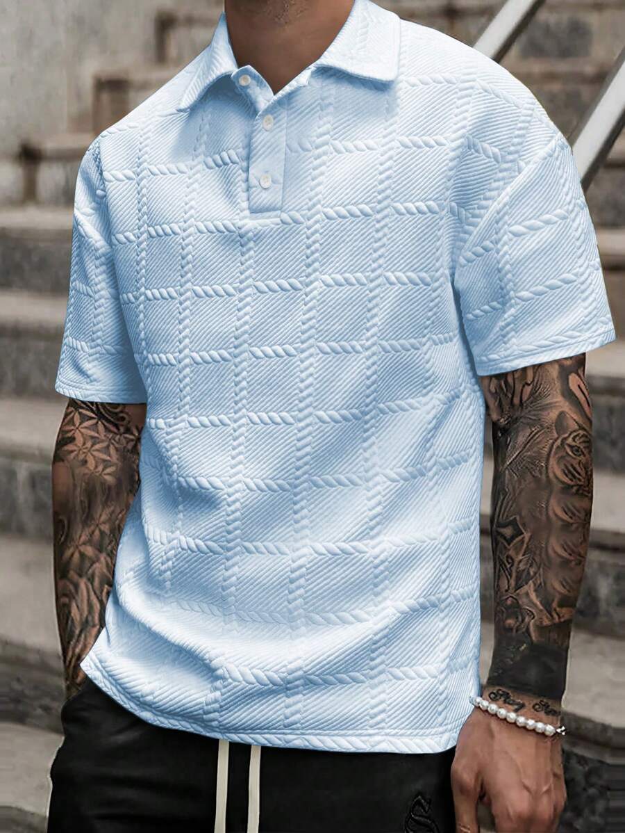 Manfinity Homme Men's Button Short Sleeve Plaid Business Casual Fashion POLO Shirt - Baby Blue - View 1